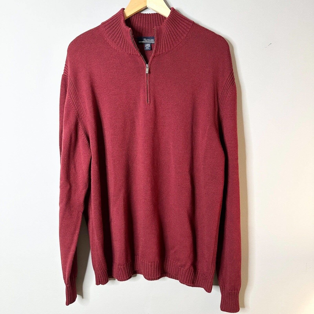 Mens XXL Façonnable Burgundy Maroon 1/4 Zip 100 % Merino Wool Sweater Chest 48"
